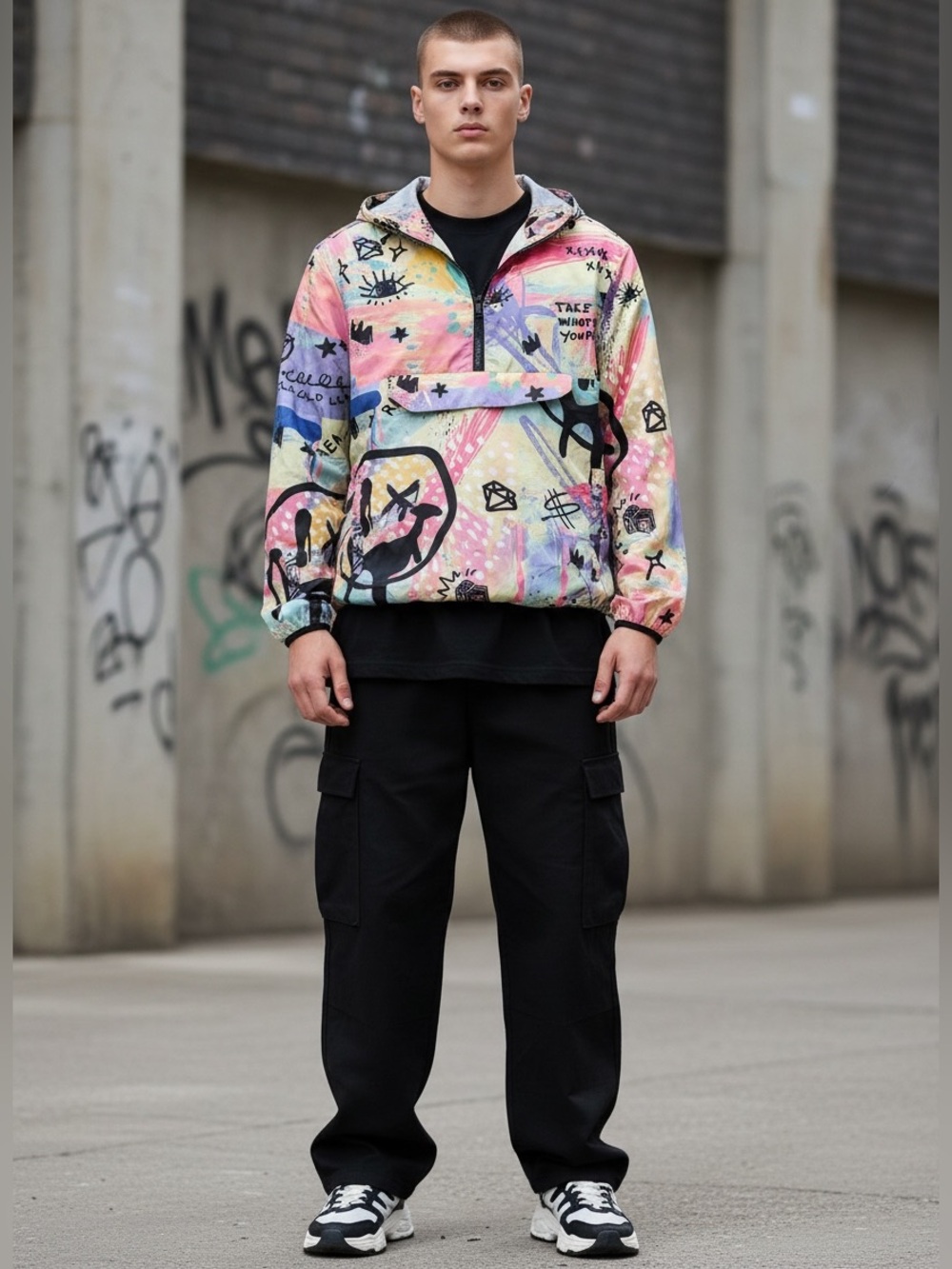 Reason Graffiti Anorak Windbreaker Mens M Multicolor Hooded Streetwear Pullover
